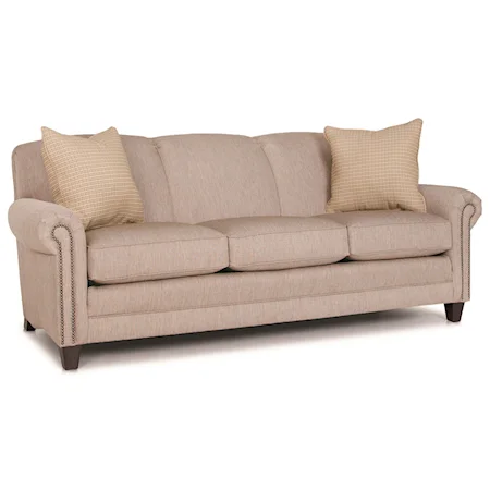 Stationary Sofa with Rolled Arms, Wood Feet, and Nail Head Trim